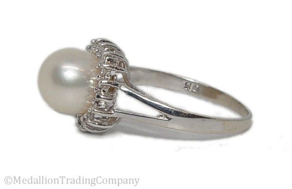 14k White Gold .18 Carat Diamond Button Mabe Pearl Halo Ring 11mm