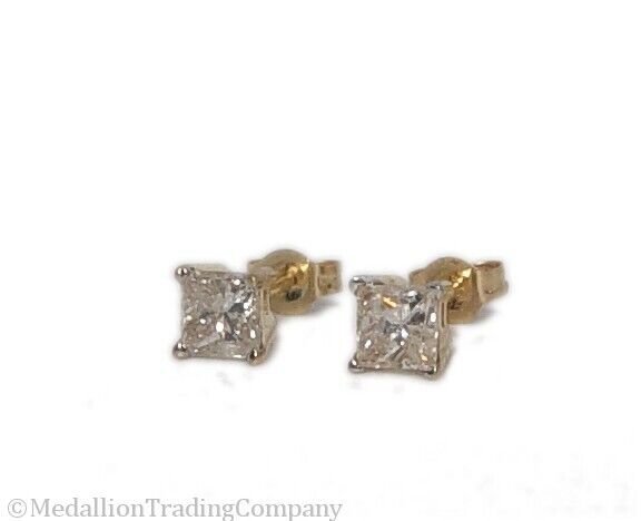 14k Yellow Gold .50 Carat FIERY Princess Diamond Solitaire Studs Earrings SI2 H
