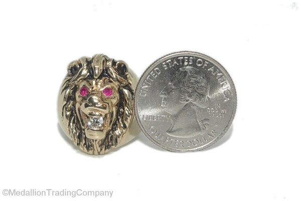 14k Yellow Gold .20 Carat Diamond & Ruby Lion Head Figural Men's Ring 18.9 grams