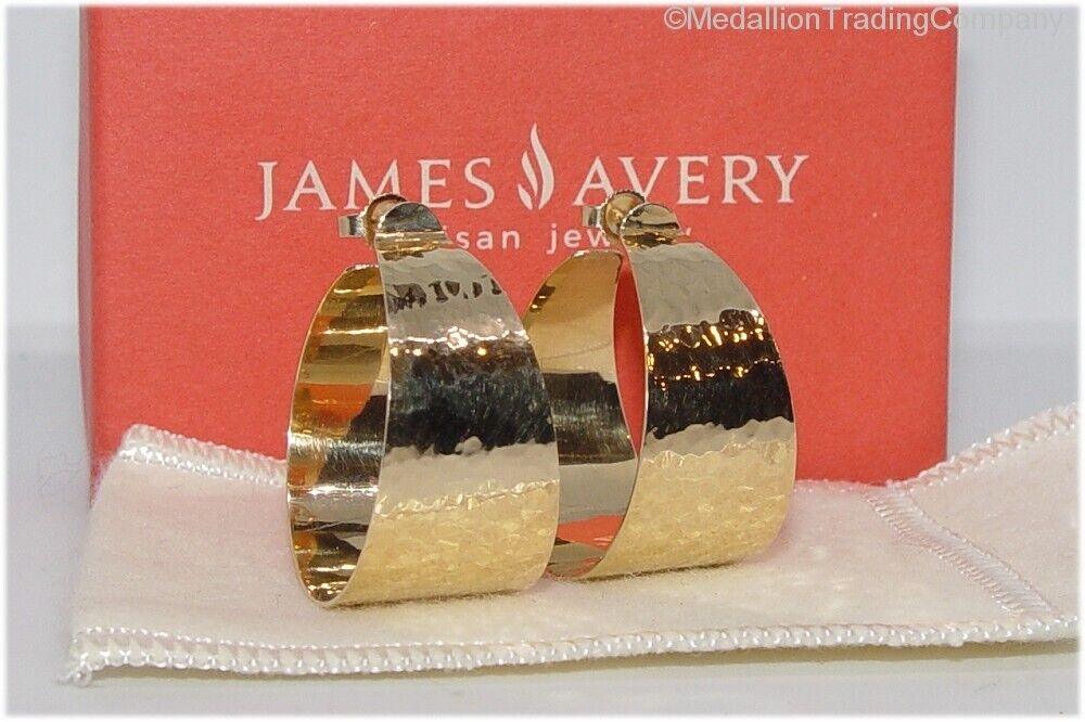James Avery 14k Yellow Gold 16mm Wide 11.8gram Hammered Tapered Flat Hoops +Box