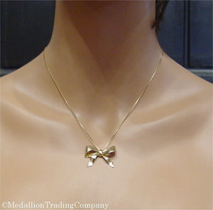 14k Solid Yellow Gold Bow Ribbon Pendant & Box Chain Necklace 18 inches