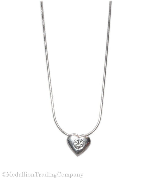 14k White Gold .25 Ct Natural Bezel Diamond Heart Slide Pendant Snake Necklace