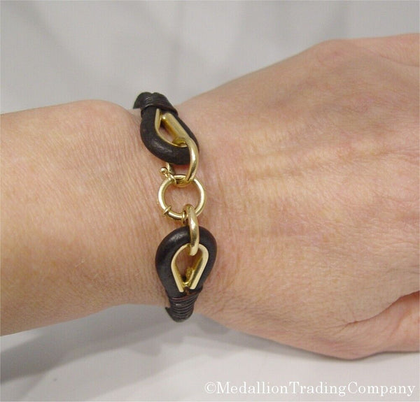 14k Yellow Gold 4mm Thick Black Leather Cord Designer Italy Bracelet 7.25 Inches